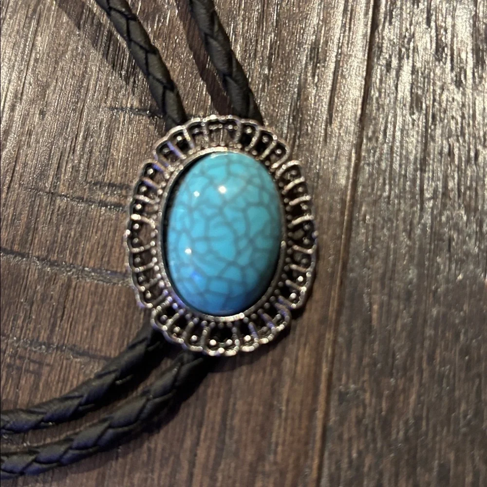 YMI Bolo Tie Faux Turquoise stone on silvertone, slide, leatherette neck tie